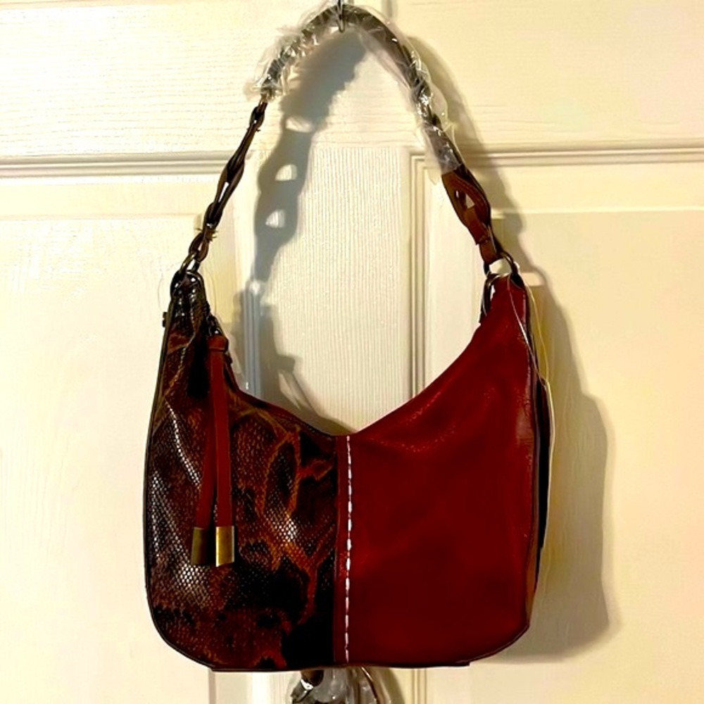 Women's Two-Tone Red and Brown Shoulder Bag with Snake-Texture Accent